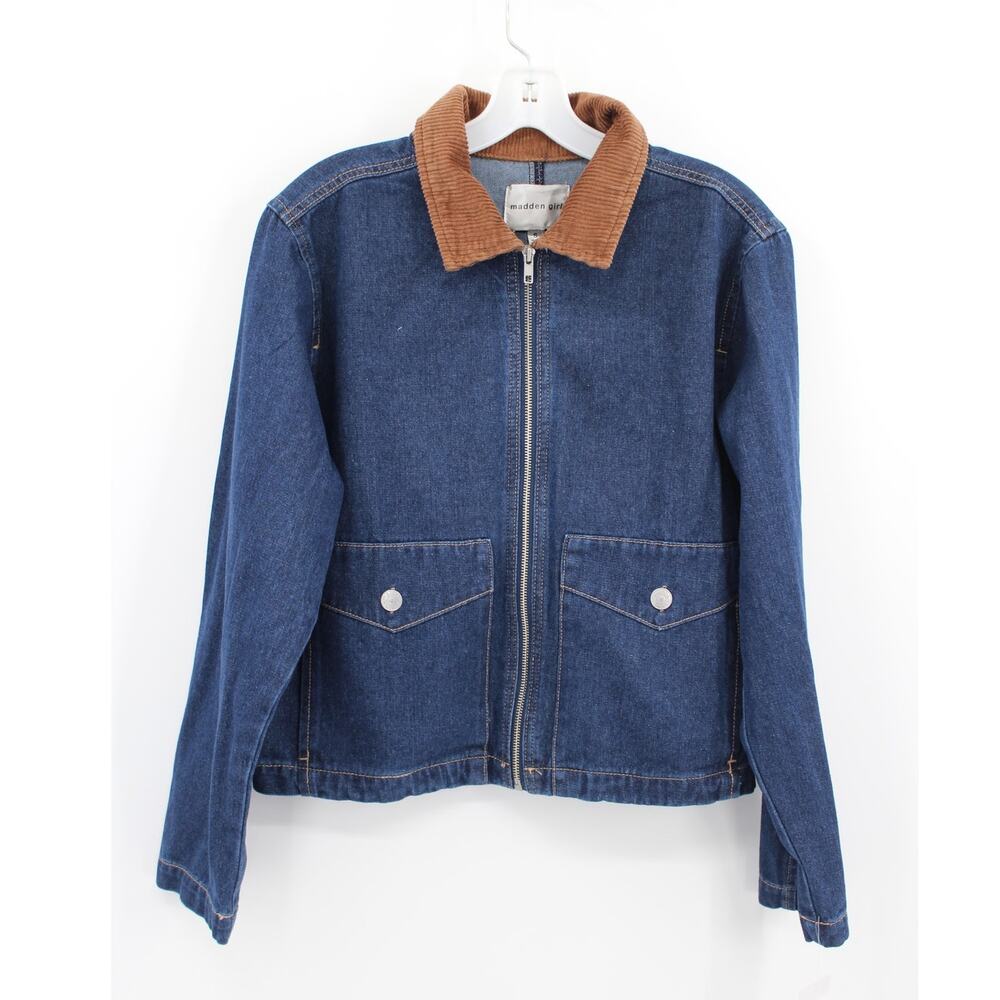 Madden Girl Dark Blue Denim Jacket with Tan Corduroy Collar Small NEW
